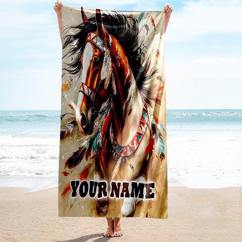 1PC Custom Name Native American Horse Art Beach Towel Highly Absorbent And Sand-Resistant Towel for Swimming, Pool, Yoga, And Travel Lightweight