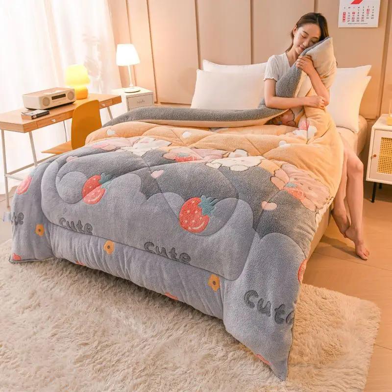 Толстое одеяло из овечьей шерсти с принтом, двухсторонний бархат, осенне-зимнее теплое одеяло, одинарное, для общежития, удобное постельное белье, стеганое одеяло