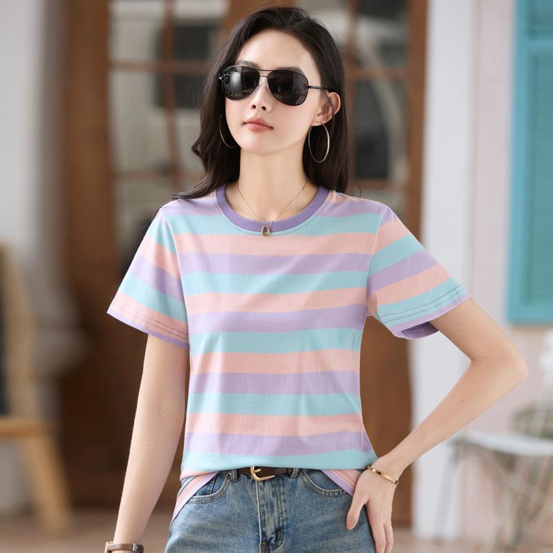 Женская летняя синяя полосатая повседневная хлопковая футболка с круглым вырезом и коротким рукавом, простые модные топы большого размера с анимированным цифровым принтом