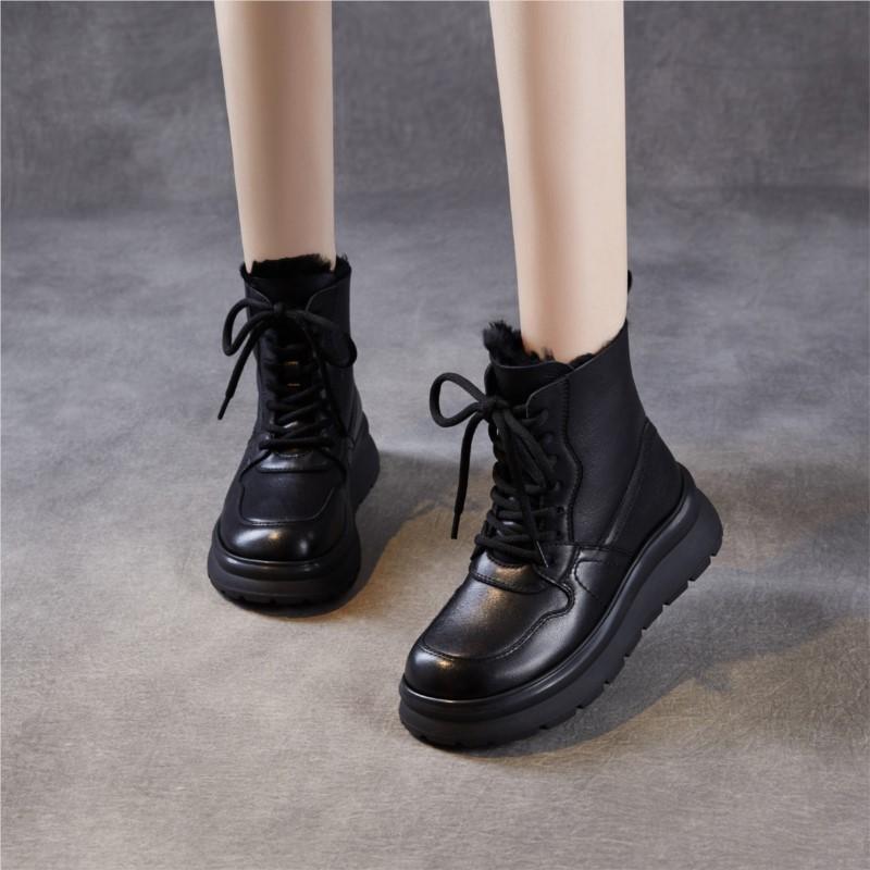 Johnature Женская обувь из натуральной кожи, повседневная, на толстой подошве и с плюшевой теплой шерстяной подкладкой, короткие ботинки на шнуровке