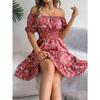 Spring and Summer Women's Floral Square Neck Short Sleeve Waist-slimming Ruffle A-line Dress