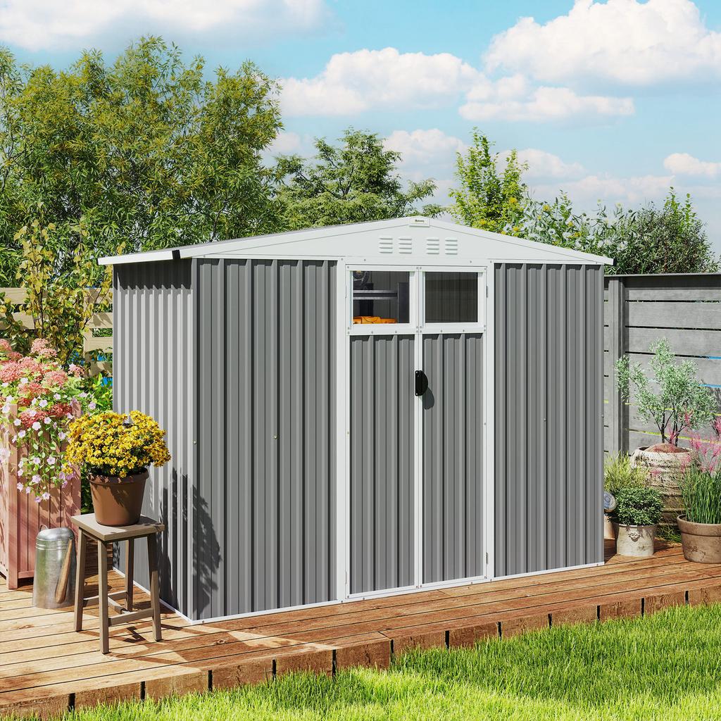 Garden Tool Shed in Galvanized Steel with 2 Doors, 246x117x180 cm, Light Grey