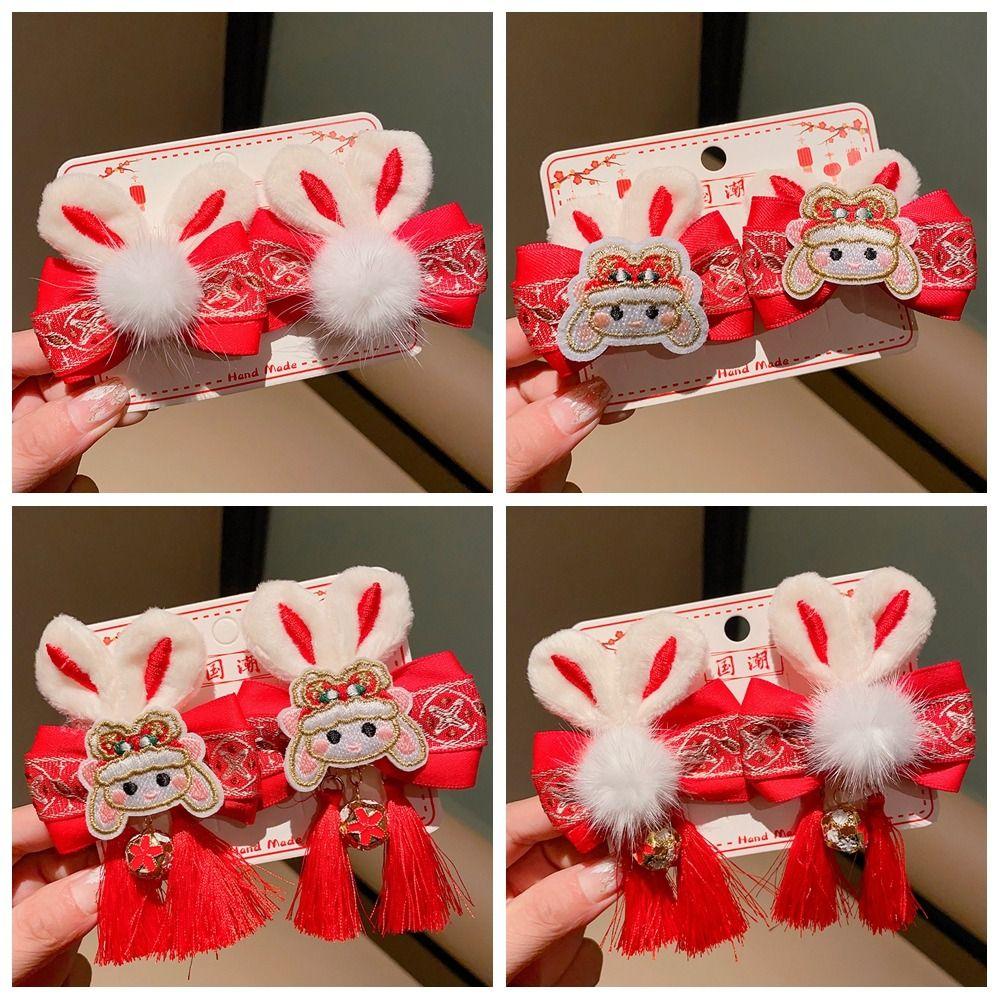 Bunny Plush Rabbit Hairpin Tassel Chinese New Year Headwear Sweet Bow Hair Clip  Children