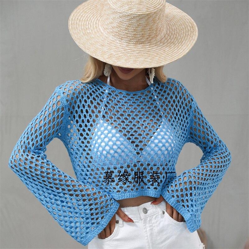 Весна и Лето Новый Пуловер Вязаный Свитер Рукав-труба Свободный Круглый вырез Ажурный Свитер Женский
