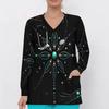 Women Plus Size Printed Nurse Scrub Top V Neck Long Sleeve With Front Pockets Black Blue Green Dotted Floral