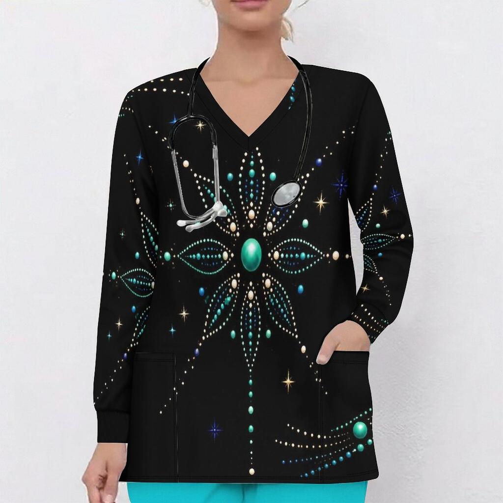 Women Plus Size Printed Nurse Scrub Top V Neck Long Sleeve With Front Pockets Black Blue Green Dotted Floral