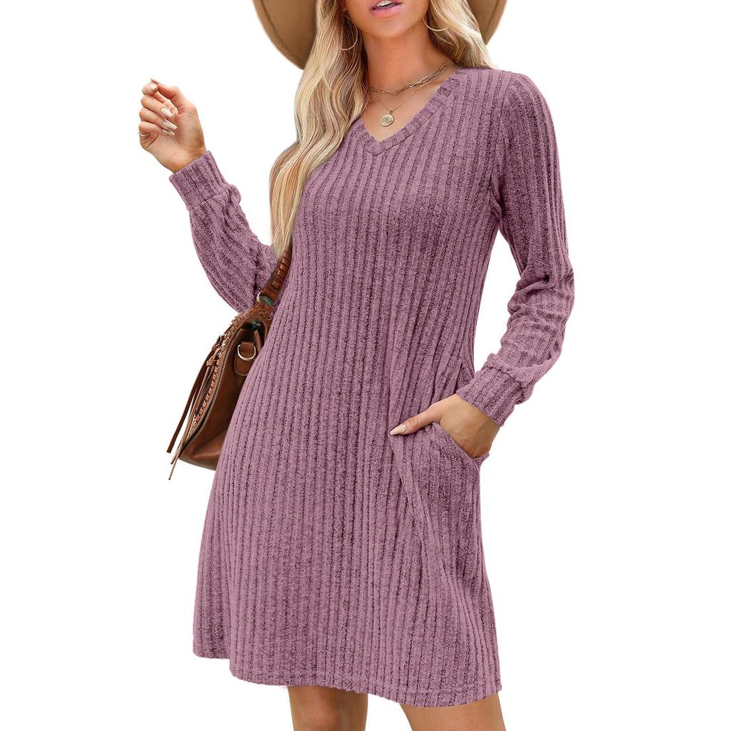Женские осенние платья с V-образным вырезом, повседневные короткие платья с длинным рукавом, модная одежда