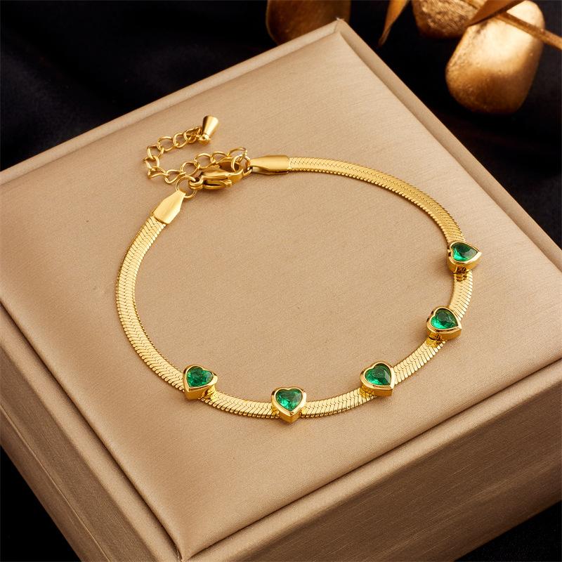 Love Heart Emerald Zircon Bracelet Simple Bestie Set Snake Chain Necklace Minimalist Luxury High End Accessories Design
