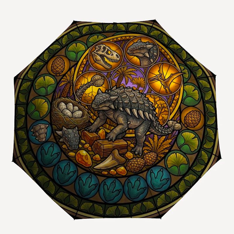 Dinosaur Glass Art pattern umbrella, portable and foldable design, 8 ribs, a casual accessory for Halloween, Christmas, and birthday gifts.