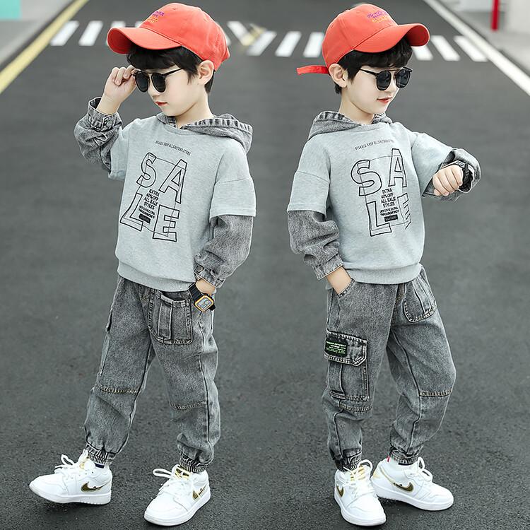 2022 Spring & Autumn Hooded Denim Suit for Boys: Stylish Two-Piece Outfit for Children