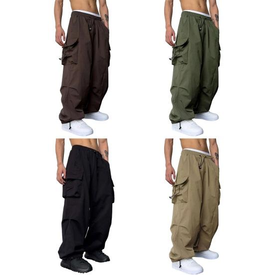 Мужские брюки-карго с несколькими карманами, большие размеры, сплошной цвет, эластичная высокая талия, глубокая промежность, мягкая дышащая уличная одежда в стиле хип-хоп, мужские длинные брюки