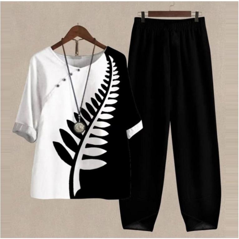 GMXIA Spring Women's Five-quarter Sleeve Printed Top and Pants Two-piece Set