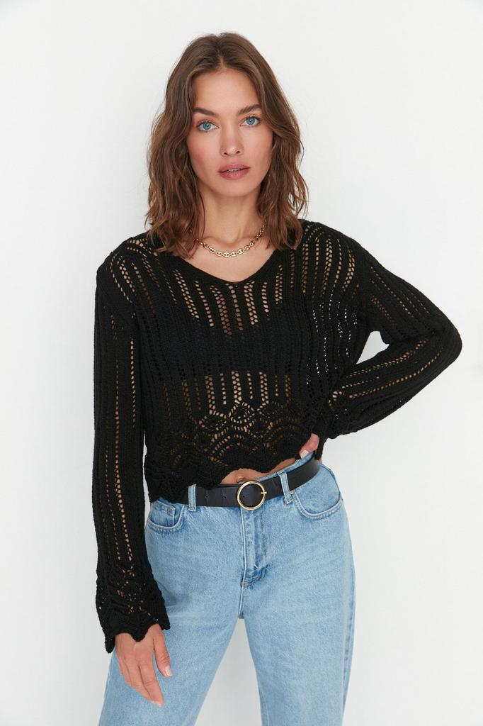 Женский свитер в элегантном стиле, черный вязаный свитер с ажурными отверстиями