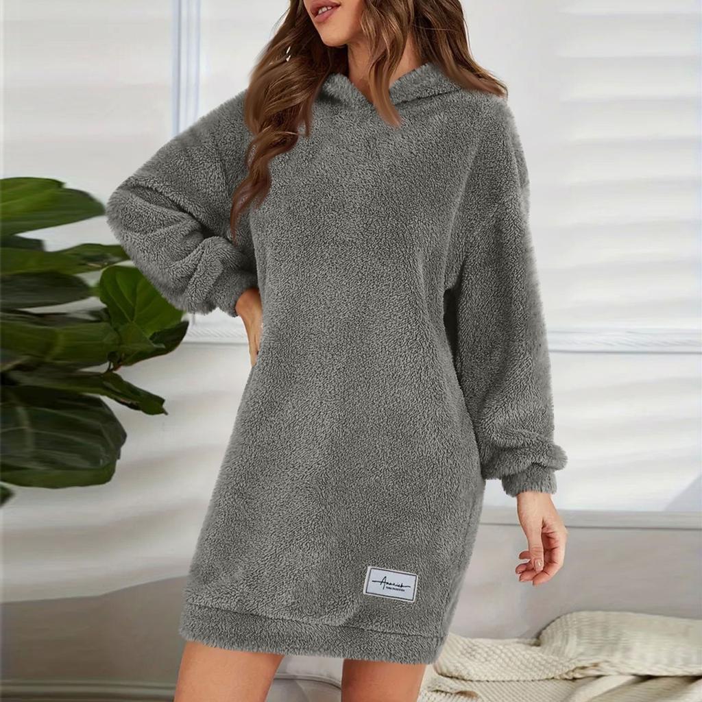 Women's Fashion Hooded Long Sleeve Plush Dress Solid Color Casual Sweatshirt