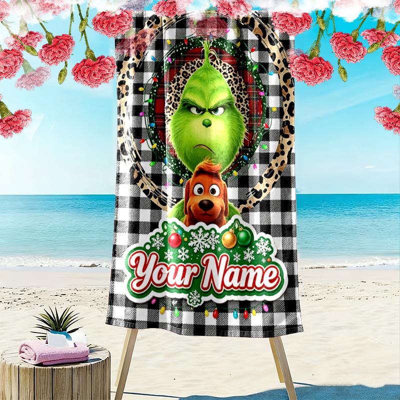 Name Custom Christmas Monster Print Beach Towel, Large Soft Quick Dry Towel for Beach Camping Swimming