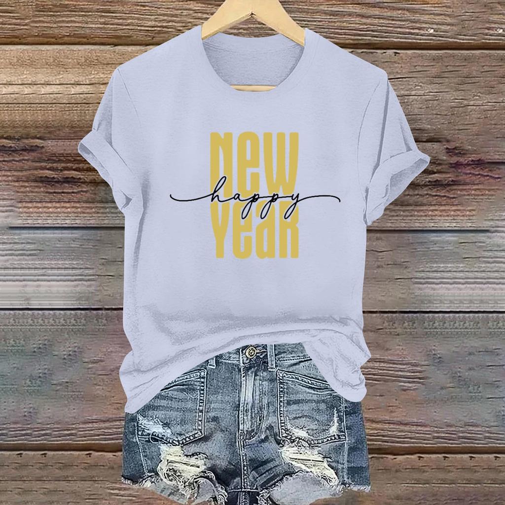 Women's Long Sleeve Round Neck T-Shirts 2025 New Year Print Puff Sleeve Shirts Button Blouses Tops