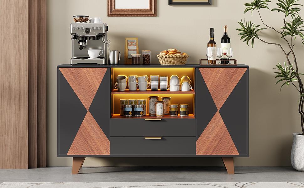 Kitchen Cabinet, Sideboard with LED Lighting, Drawers and Adjustable Shelves, Storage Cabinet for Dining Room and Living Room, 150 × 40 × 90 cm