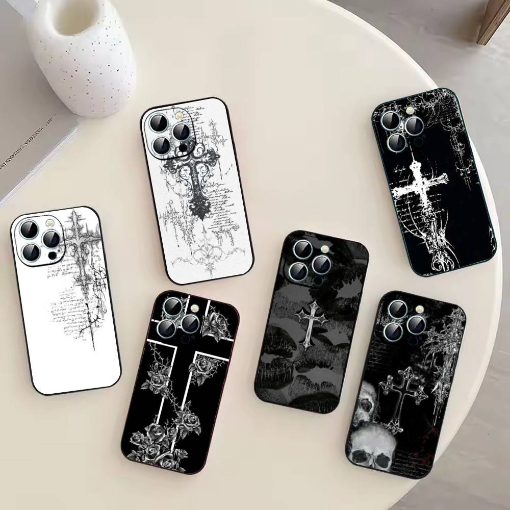 C-Cool Dark Catgothic C-Cross Чехол для телефона iPhone 17,16,15,14,13,12,11 Plus,Pro Max,XS, Мягкий черный чехол