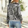 Women Jacket Shiny Sequin Long Sleeve Stand Collar Striped Loose Zipper Closure Elastic Cuff Stage Performance Emcee Coat