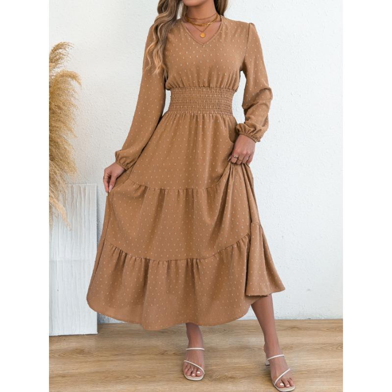Women Elegant Solid Color Pom Pom Long Sleeve High Waist Ruffled A Line Long Dress