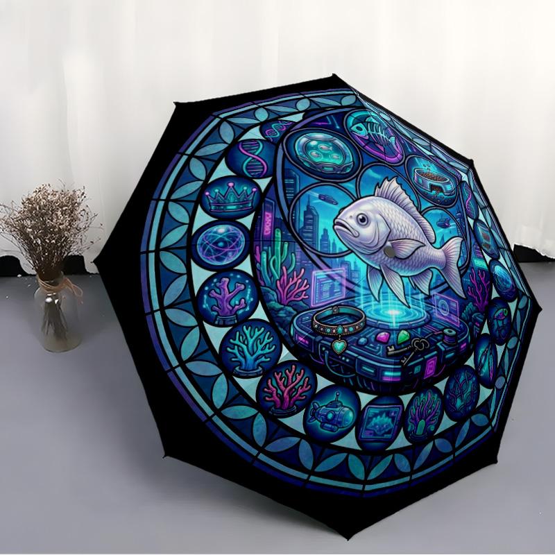Futuristic Fish Mandala pattern umbrella, portable and foldable design, 8 ribs, a casual accessory for Halloween, Christmas, and birthday gifts.