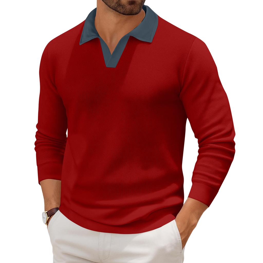 Мужской повседневный трикотажный базовый топ с длинным рукавом и воротником в стиле колор-блок