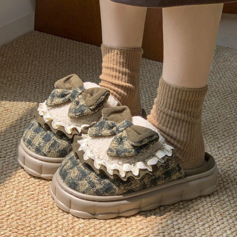 Ретро модные хлопковые тапочки с бантом осень и зима бархатные теплые домашние универсальные студенческие зимние комнатные хлопковые мопы