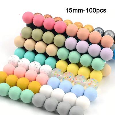 15 мм 100 шт. круглые силиконовые бусины для прорезывания зубов, детское ожерелье для кормления, зажим для соски, уход за полостью рта, без BPA, пищевой красочный