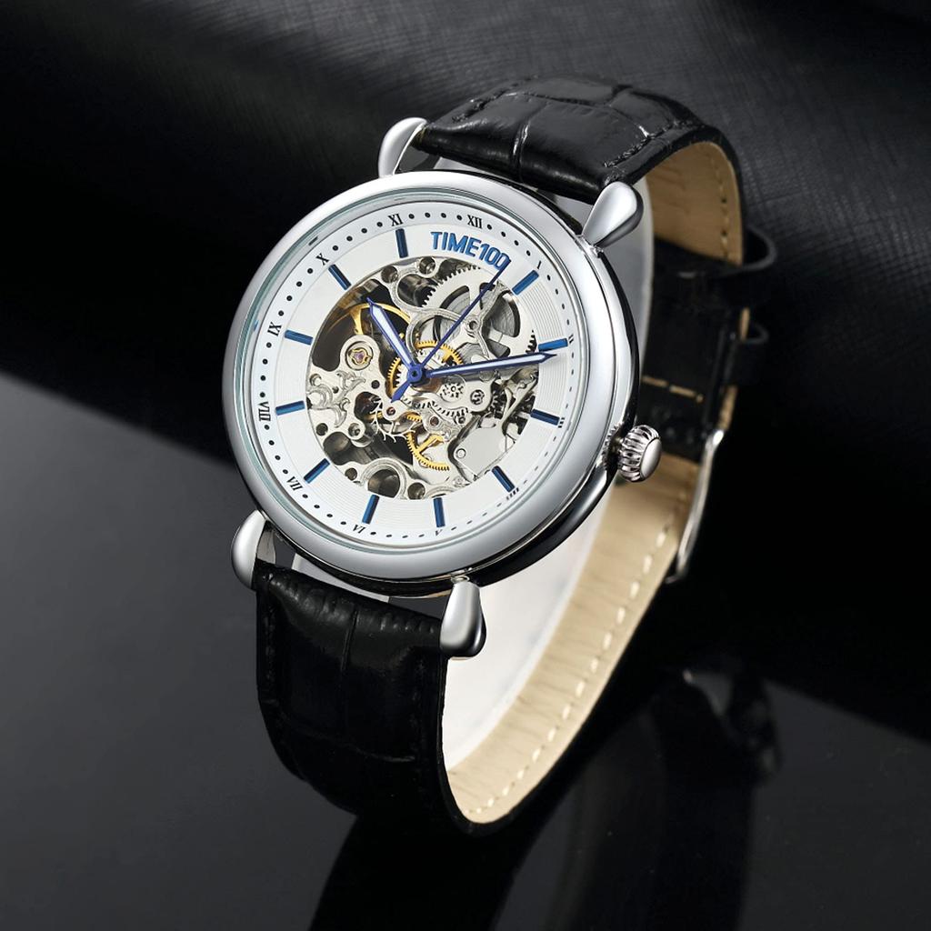 Time100 Популярная молодежная серия часов Механические часы с автоподзаводом Коллекция Time100 День Студенческая мода Черный кожаный ремень Водонепроницаемые взрослые офисные