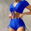 2Pcs/Set Women Summer Bikini Set V Neck Short Sleeve Tops High Waist Drawstring Swimming Trunks Solid Color Quick Drying Swimsuit