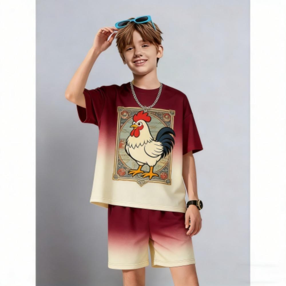 Summer Men's Set Anime Cartoon Chicken Printed Men's T-shirt and Shorts 2 Piece Set Summer Casual Outdoor Men's and Women's Outfit