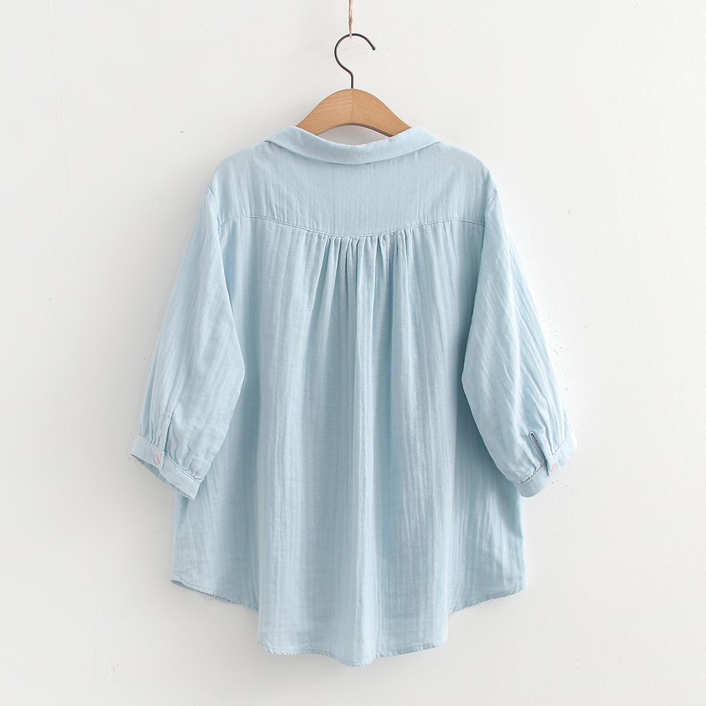 Oversize Women Shirts Japan Style Three Quarter Sleeve Solid Cotton Yarn Shirts for Women Summer Large Size Tops