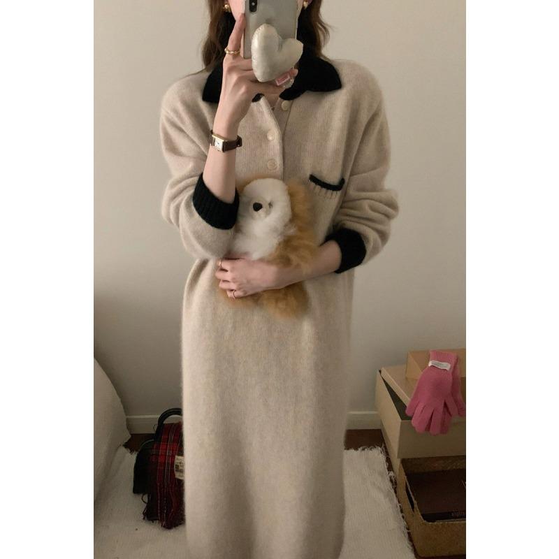 Высококачественное зимнее вязаное платье женское осенне-зимнее офисное, с чувством дизайна, в ленивом стиле, модная юбка-свитер