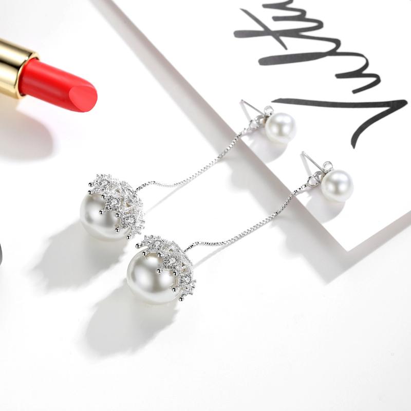 Женская корейская мода Элегантные антиаллергенные серьги-гвоздики из серебра 925 пробы с простым кристаллом циркона и кружевом с двойным жемчугом Женские длинные серьги-гвоздики для ушей Подарки