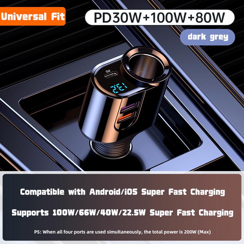200W Car Charger Fast Charging Voltage Display USB 100W PD 30W 4 in 1 Dual 12V/24V Cigarette Lighter Splitter Power Adapter