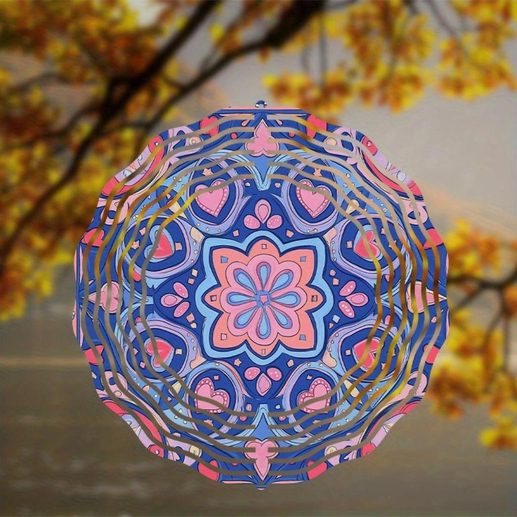 Blue & Pink Heart Mandala Wind Chime - Vibrant Metal Garden Decoration with 360° Hook, Ideal for Spring & Summer, Perfect Gift for Friends and Family