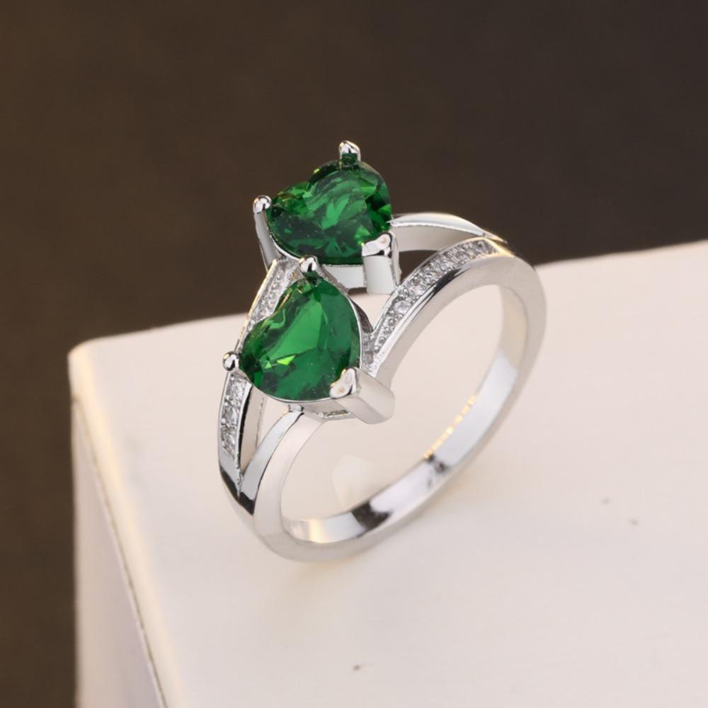 S925 Silver Plated Double Heart Zircon Rings for Women Colorful Sparkling Zirconia Ring Fashion Jewelry