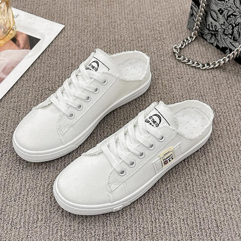 New Half Slippers Women's Little White Shoes 2025 Summer Canvas Shoes Breathable Slim Thin Baseplate Shoes Versatile Casual Shoes Women