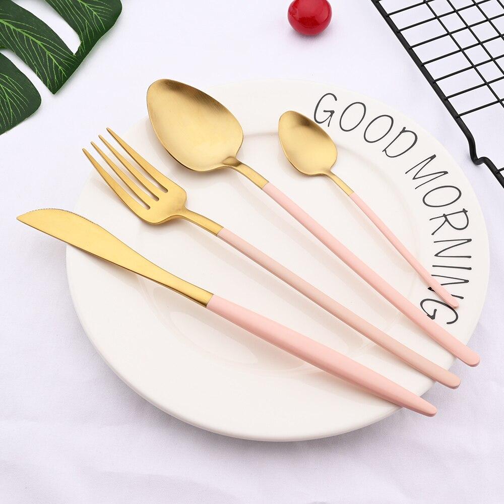 24Pcs Tableware Set for 6 Pink Matte 304 Stainless Steel Dinnerware Set Gold Dinner Cutlery Spoon Fork Knife Western Flatware