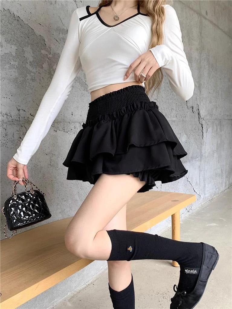 Black Windproof Pleated A-Line Skirt: High Waist, Slim Fit, Women's Ballet Cake Style with Shorts.