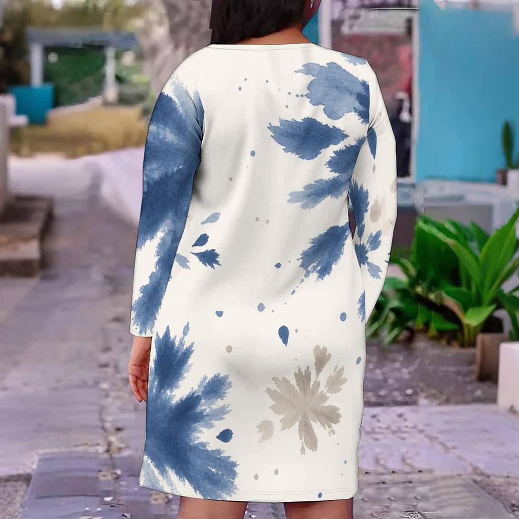 Women Plus Size V Neck Long Sleeve Blue White Tie Dye Printed Fitted Midi Dress