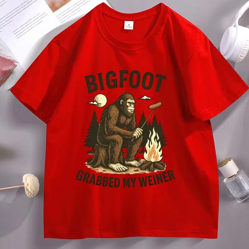 Bigfoot Grabbed My Weiner T Shirt Campfire Sasquatch TShirt Bigfoot Camping Tshirt Breathable Casual Round Neck Unisex Tees Top