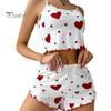 2 Pcs/Set Women Summer Pajamas Suit Adjustable Strap Sleeveless Heart Print Crop Top Shirring Edge High Waist Shorts Bedroom Sleepwear Set