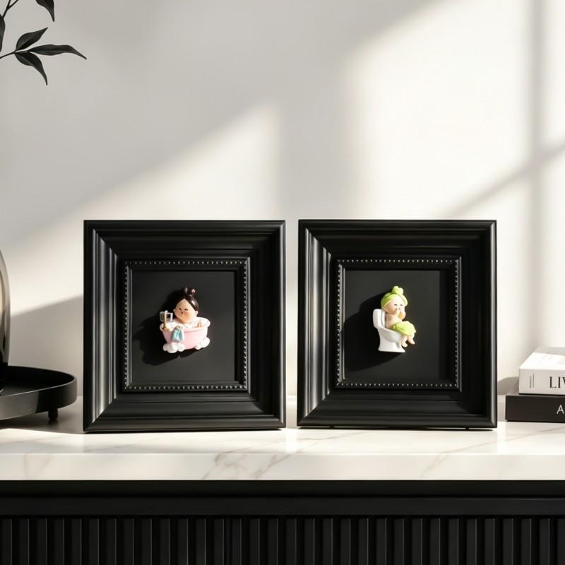 3D Bathing Girl Decorative Frame Black Vintage Carved Photo Desktop Ornament Living Room Study