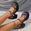 Сексуальные туфли-лодочки с леопардовым принтом и пряжкой на щиколотке, женские туфли-лодочки больших размеров на толстой платформе, женские туфли на высоком каблуке с круглым носком