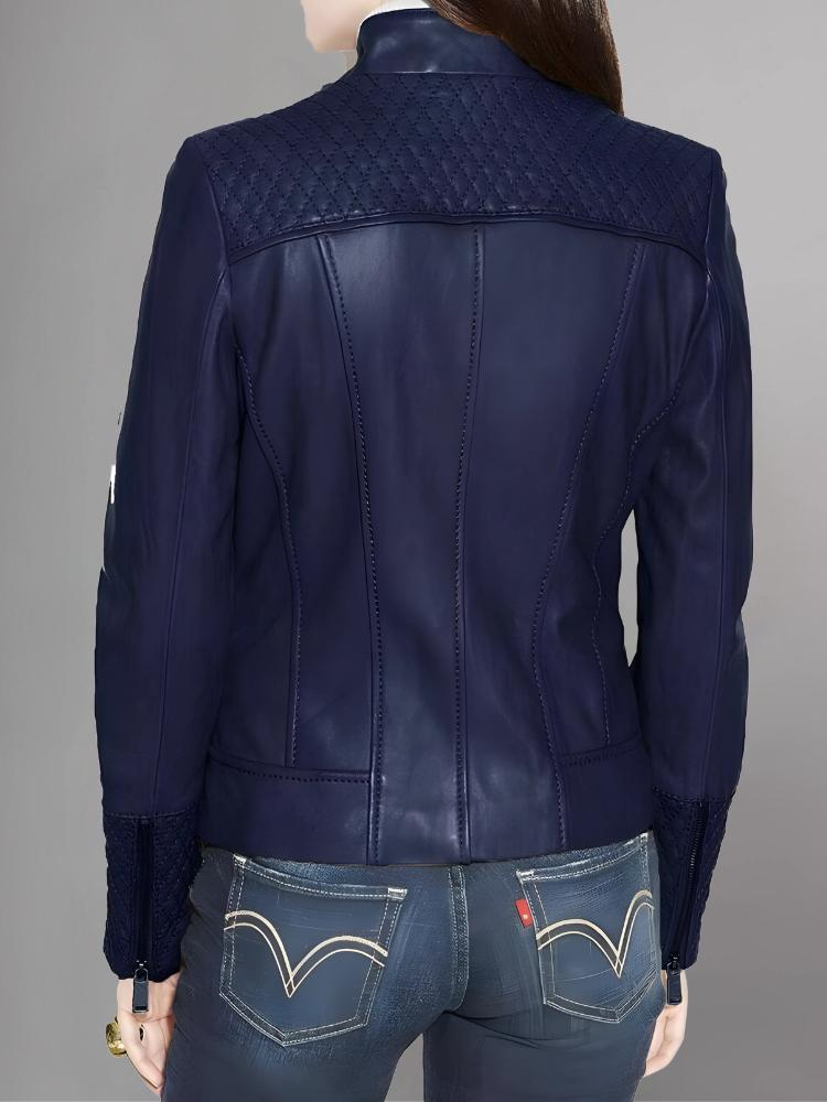 Стильная синяя женская куртка из натуральной овечьей кожи ручной работы, байкерская мотоциклетная куртка