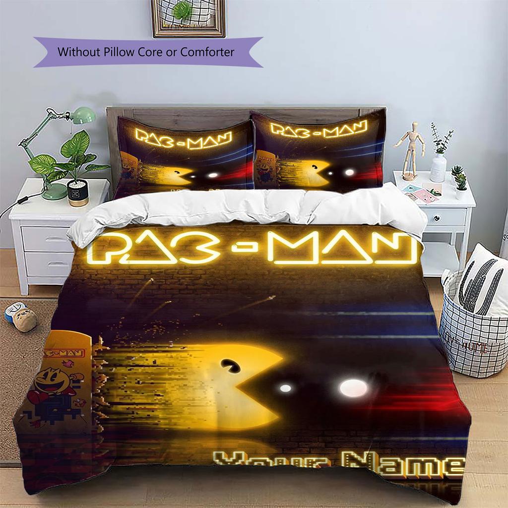 Pac-Man Custom Name Pattern Bedding,Quilt Set Quilt Cover Pillowcase Home Birthday Gift(1 * duvet cover + 2 * pillowcase, without core)