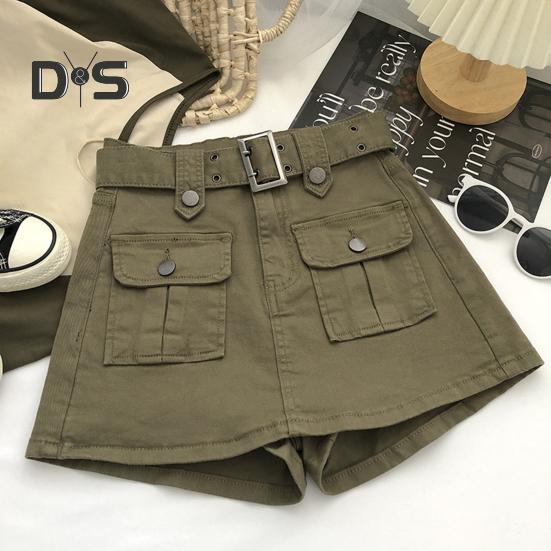 Женская юбка в корейском стиле с высокой талией, мини-юбка с поясом, короткая юбка-кюлот, уличная юбка-карго с большим карманом, шорты, консервативная, не подверженная воздействию, леди