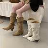2025 Autumn and Winter Thick Heel White Heightening Pile Boots Women's Twist Belt Design But Knee High Boots Pointed Western Boots