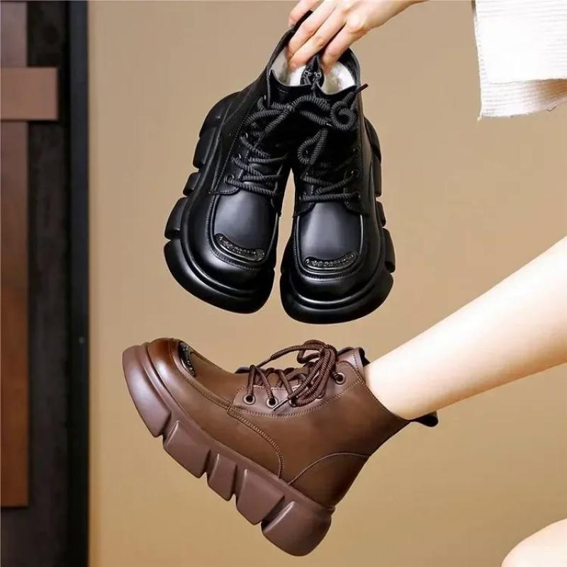 Women'S Winter New Brown Leather Plush Warm Ankle Snow Boots Platform Comfortable Anti Slip Lace Up Cold Proof Cotton Shoes